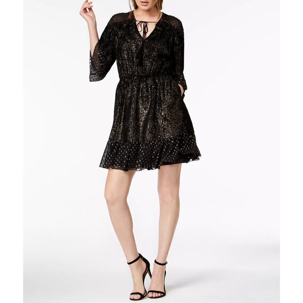 Rachel Zoe‎ Dress Short Black Gold Shimmering 3/4 Sleeves Size 4